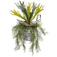 14” Staghorn and Tillandsia Artificial Plant in Vintage Hanging Metal Pail - Ornate Home