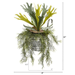 14” Staghorn and Tillandsia Artificial Plant in Vintage Hanging Metal Pail - Ornate Home
