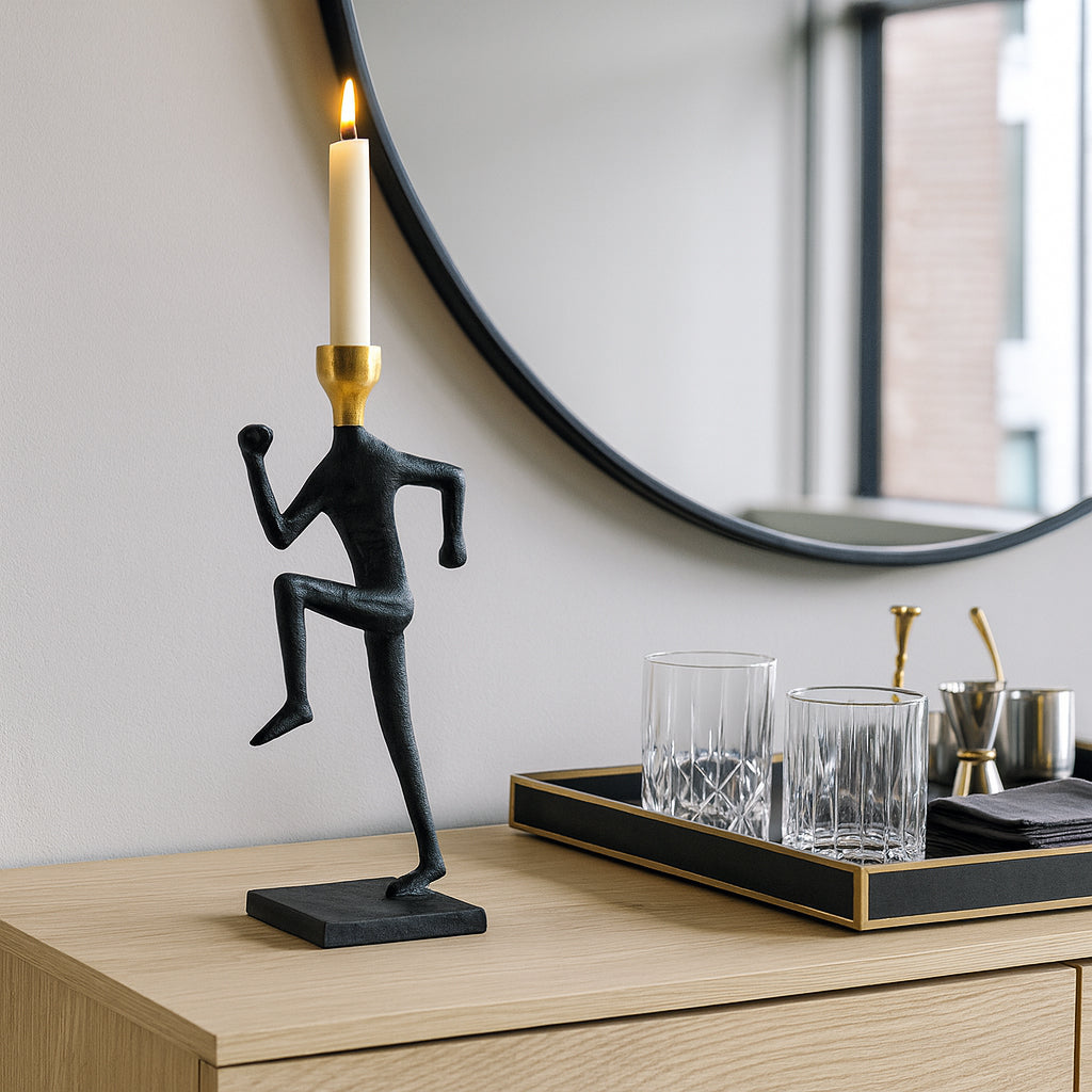 Sorroca Gold/Black Metal Running Man Taper Candle Holder