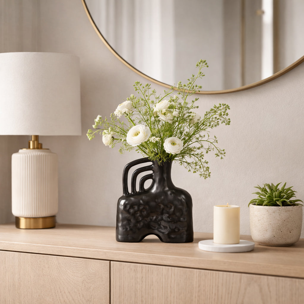 Rowen Black Ceramic Metallic Triple Handle Vase