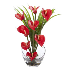 15.5” Calla Lily and Grass Artificial Arrangement in Vase - Ornate Home