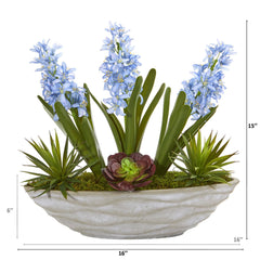 15” Hyacinth and Succulent Artificial Plant in Decorative Planter - Ornate Home