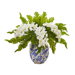 15” Phalaenopsis Orchid and Fern Artificial Plant in Vase - Ornate Home