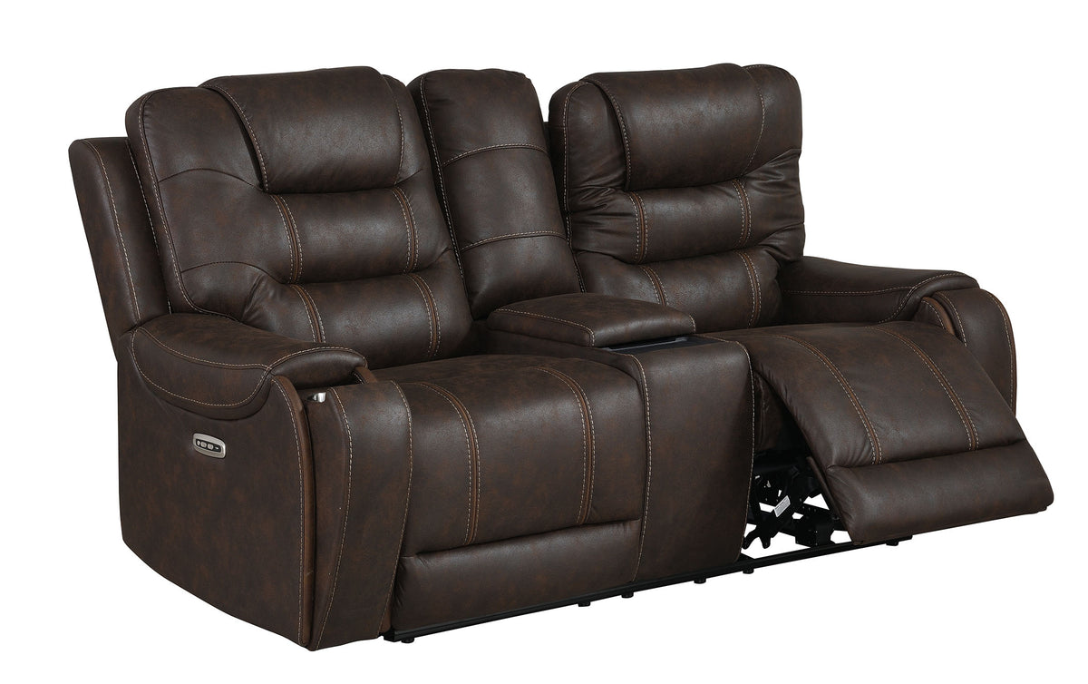 Cedar Brown Fabric Dual Power Reclining Loveseat with Console