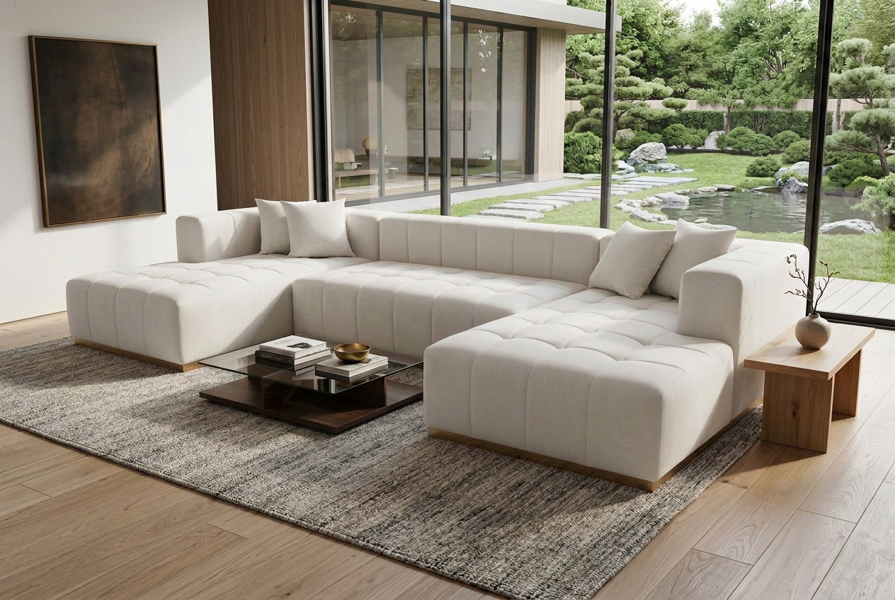 Montecito Ivory Velvet Double Chaise "U" Shape Sectional Sofa - Ornate Home