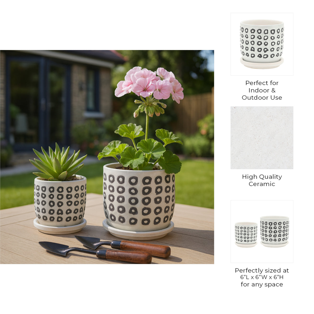 Hickman Black Aztec Planters with Saucer (Set of 2)