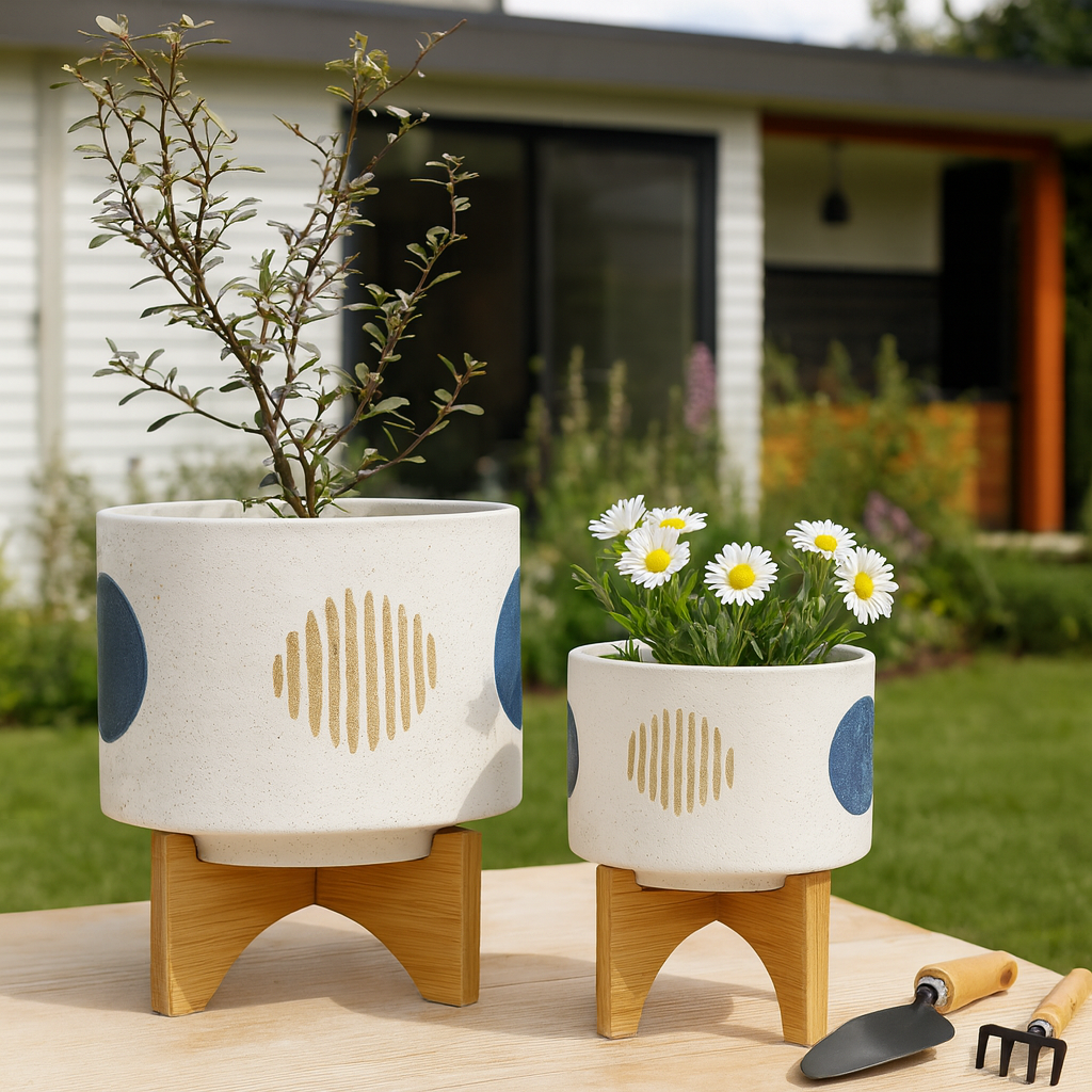Clotho White Funky Planters with Stand (Set of 2)