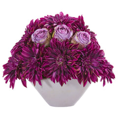 16” Dahlia and Rose Artificial Arrangement in Gray Vase - Ornate Home