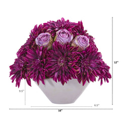 16” Dahlia and Rose Artificial Arrangement in Gray Vase - Ornate Home