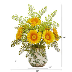 16” Gerber Daisy and Maiden Hair Arrangement in Vase - Ornate Home