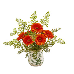 16” Gerber Daisy and Maiden Hair Arrangement in Vase - Ornate Home