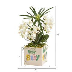 16” Orchid Phalaenopsis and Cyperus Artificial Arrangement in “New Baby” Vase - Ornate Home