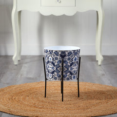 16” Oriental Blue and White Classic Round Metal Planter with Stand - Ornate Home