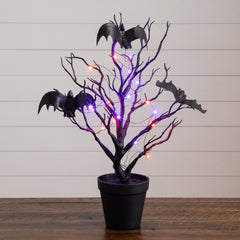 16” Pre-Lit Artificial Halloween Black Spooky Twig Tree with Bats and 20 Orange & Purple LED Lights - Ornate Home