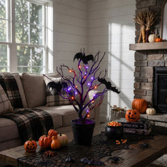 16” Pre-Lit Artificial Halloween Black Spooky Twig Tree with Bats and 20 Orange & Purple LED Lights - Ornate Home
