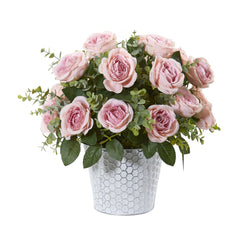 16” Rose and Eucalyptus Artificial Arrangement in Tin Vase - Ornate Home