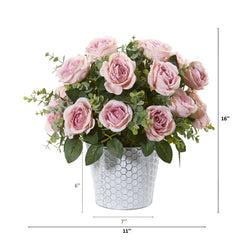 16” Rose and Eucalyptus Artificial Arrangement in Tin Vase - Ornate Home