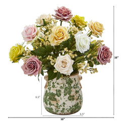 16” Rose and Gypsophila Arrangement in Floral Vase - Ornate Home