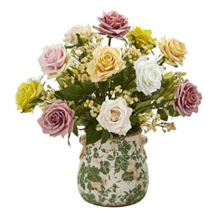 16” Rose and Gypsophila Arrangement in Floral Vase - Ornate Home
