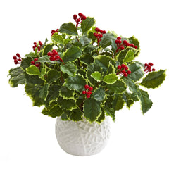 16” Variegated Holly Artificial Plant in White Planter (Real Touch) - Ornate Home