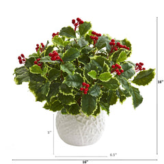 16” Variegated Holly Artificial Plant in White Planter (Real Touch) - Ornate Home