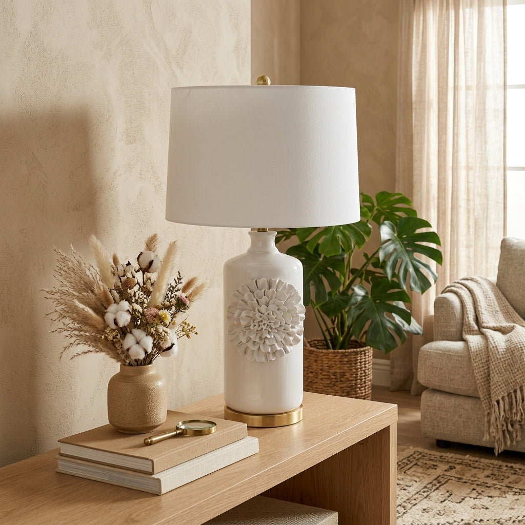 Lonsmith Cream/Gold Dahlia Flower Applique Table Lamp