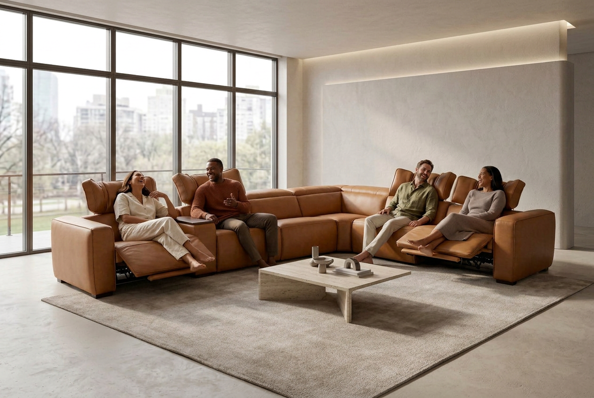 Rally Pro Caramel 7-Piece L-Shaped Dual Power Reclining Sectional with Console & Immersive Sound System