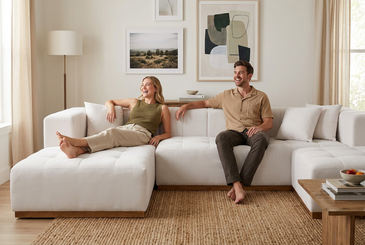 Montecito Ivory Velvet Double Chaise "U" Shape Sectional Sofa - Ornate Home