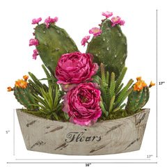 17” Peony, Succulent and Cactus Arrangement in Vase - Ornate Home