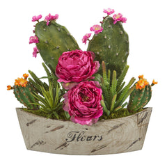 17” Peony, Succulent and Cactus Arrangement in Vase - Ornate Home