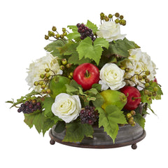 17” Rose, Hydrangea and Faux Fruits Artificial Arrangement in Metal Tray - Ornate Home