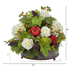 17” Rose, Hydrangea and Faux Fruits Artificial Arrangement in Metal Tray - Ornate Home