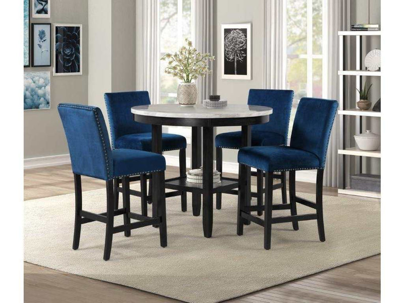 Lennon Royal Blue Velvet Counter Height Round Dining Room Set / 5pc - Ornate Home