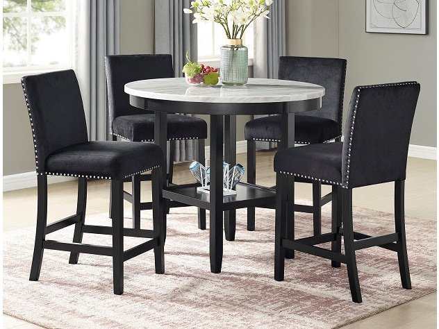 Lennon Black Velvet Counter Height Round Dining Room Set / 5pc - Ornate Home