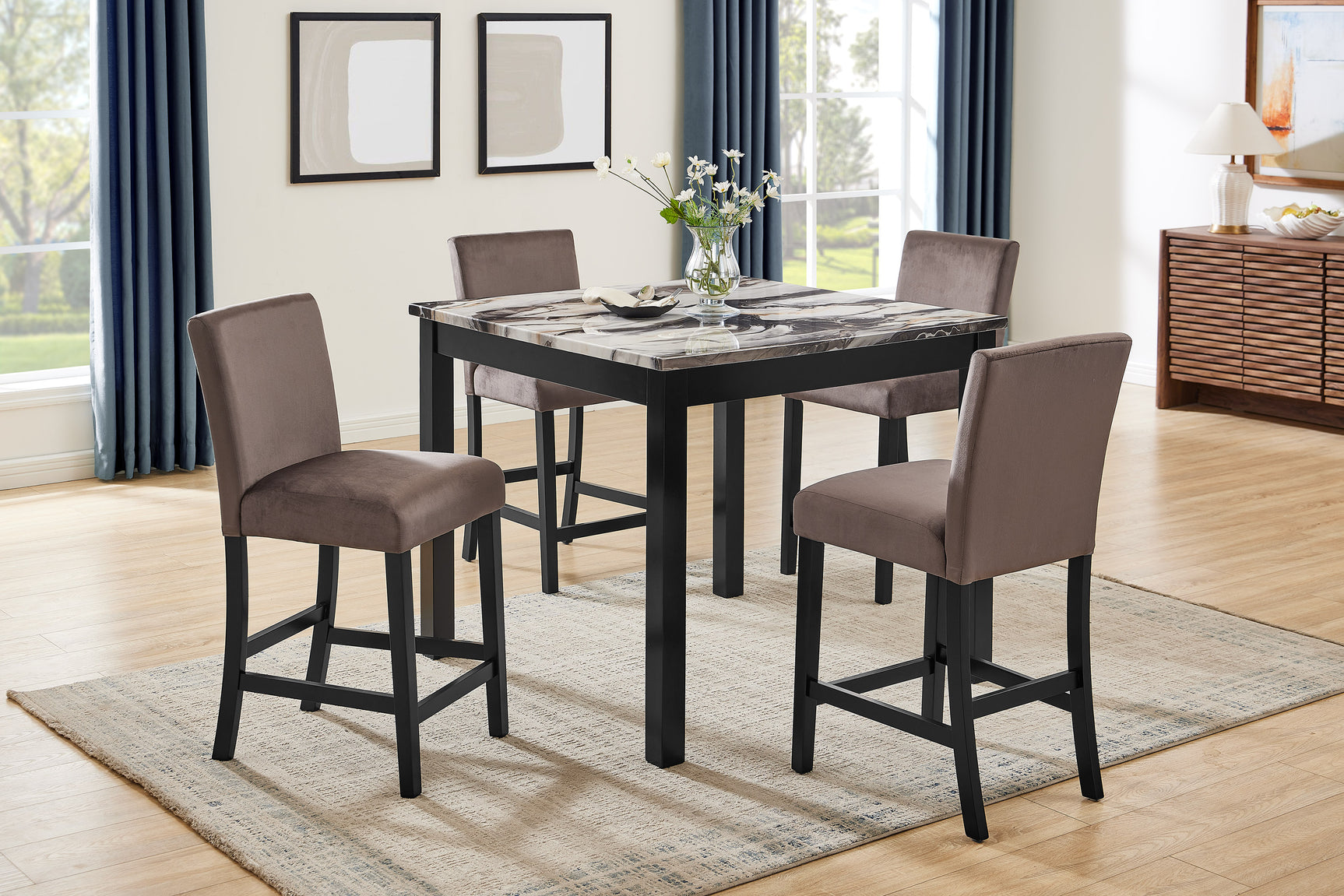 Lennon Brown/Black 5-Piece Faux Marble Top Counter Height Set