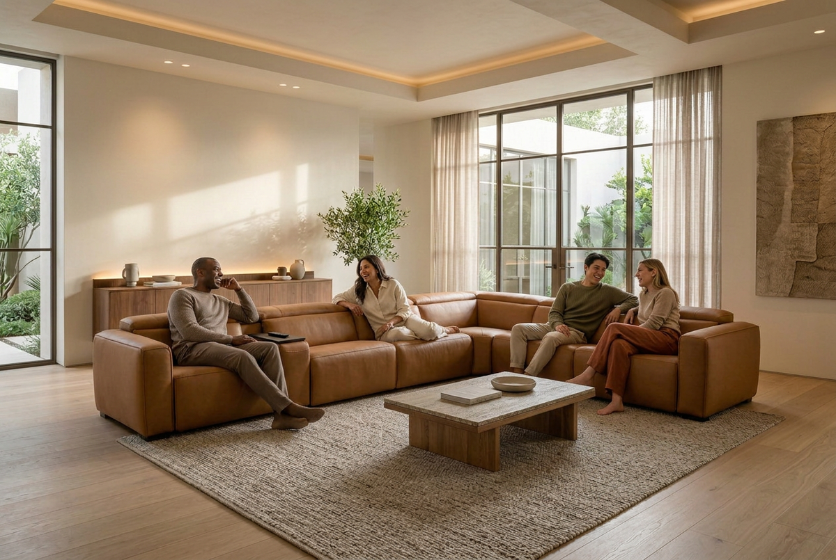Rally Pro Caramel 7-Piece L-Shaped Dual Power Reclining Sectional with Console & Immersive Sound System