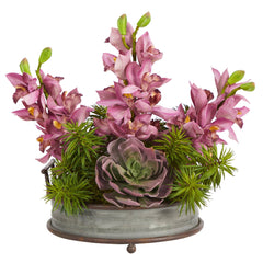18” Cymbidium Orchid and Echeveria Succulent Artificial Arrangement in Metal Tray with Copper Trimming - Ornate Home