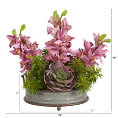 18” Cymbidium Orchid and Echeveria Succulent Artificial Arrangement in Metal Tray with Copper Trimming - Ornate Home