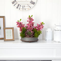 18” Cymbidium Orchid and Echeveria Succulent Artificial Arrangement in Metal Tray with Copper Trimming - Ornate Home