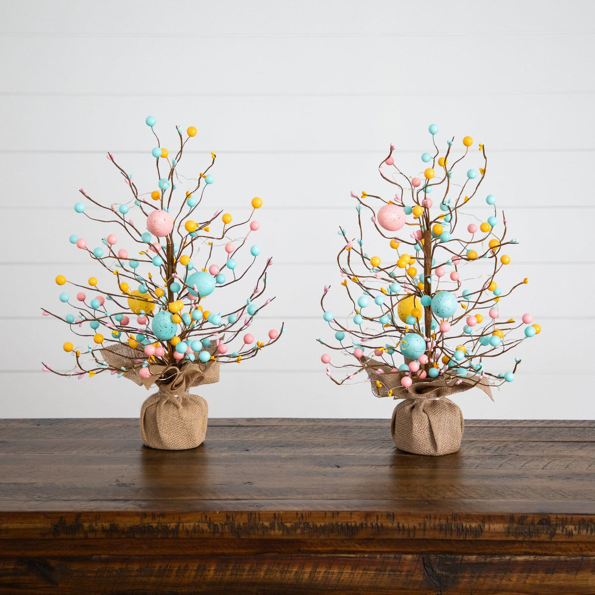 18" Pre-Lit Artificial Easter Egg Twig Tree with 30 LED Lights in Burlap Wrapped Base - Set of 2