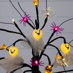 18" Pre-Lit Artificial Halloween Ghost Dolls, Spiders, Bats & Pumpkins 24 LED Lighted Ornament Tree - Ornate Home
