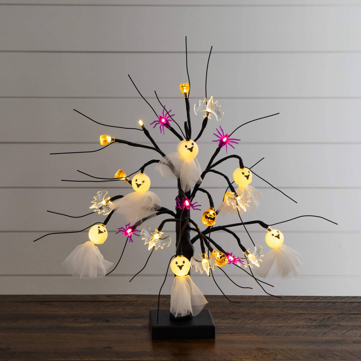 18" Pre-Lit Artificial Halloween Ghost Dolls, Spiders, Bats & Pumpkins 24 LED Lighted Ornament Tree