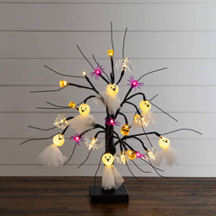 18" Pre-Lit Artificial Halloween Ghost Dolls, Spiders, Bats & Pumpkins 24 LED Lighted Ornament Tree - Ornate Home