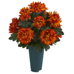 18” Spider Mum Artificial Graveside Memorial Arrangement in Green Vase - Ornate Home