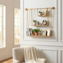 Juan White Metal and Wood 3-Tier Hanging Wall Shelf