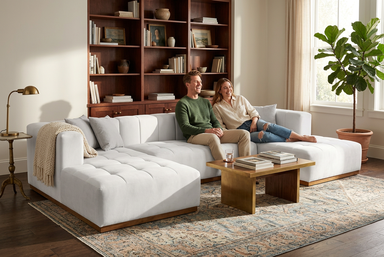 Montecito Ivory Velvet Double Chaise "U" Shape Sectional Sofa - Ornate Home
