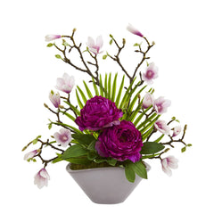 19” Peony, Magnolia and Palm Artificial Arrangement in Vase - Ornate Home