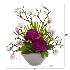 19” Peony, Magnolia and Palm Artificial Arrangement in Vase - Ornate Home