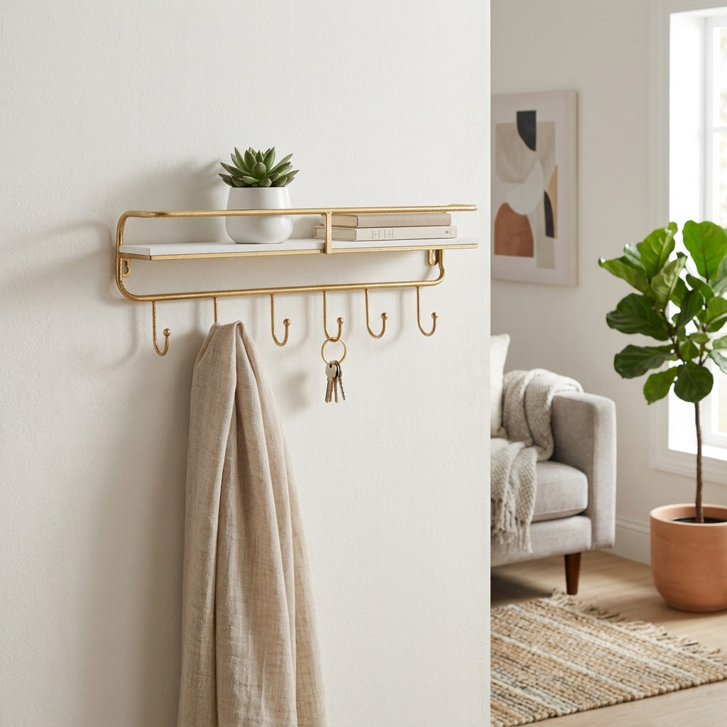 Calneva White/Gold Metal and Wood 5 Hook Wall Shelf