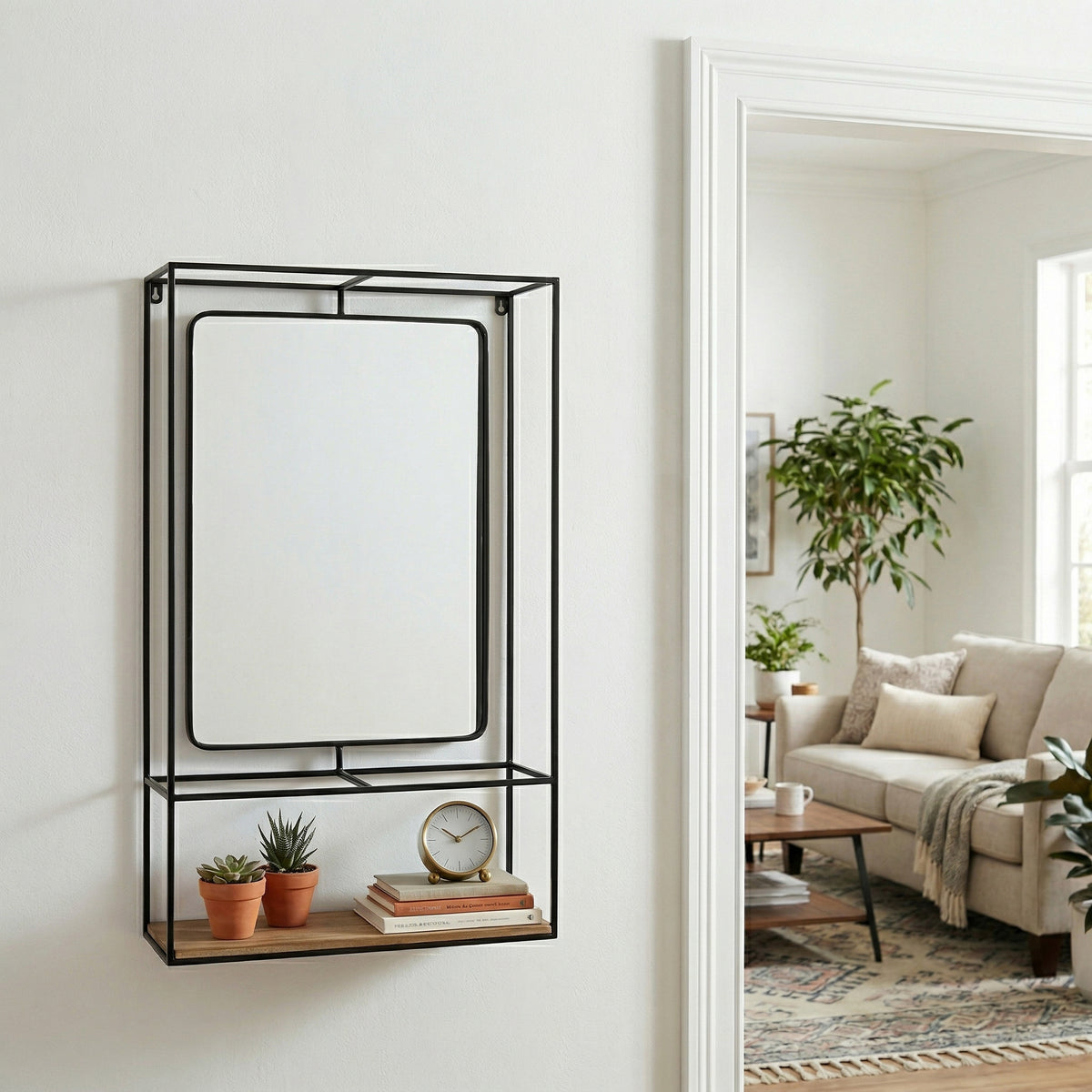 Foresta Black/Brown Large Metal and Wood Wall Shelf with Mirror